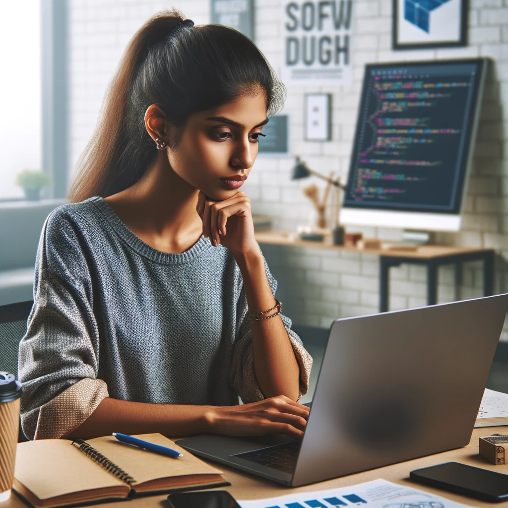 DALL·E 2024-04-19 16.11.45 – Ultra-realistic stock photo of a young Desi woman learning programming, focused on a closed laptop, suggesting deep thought or a break in her studies