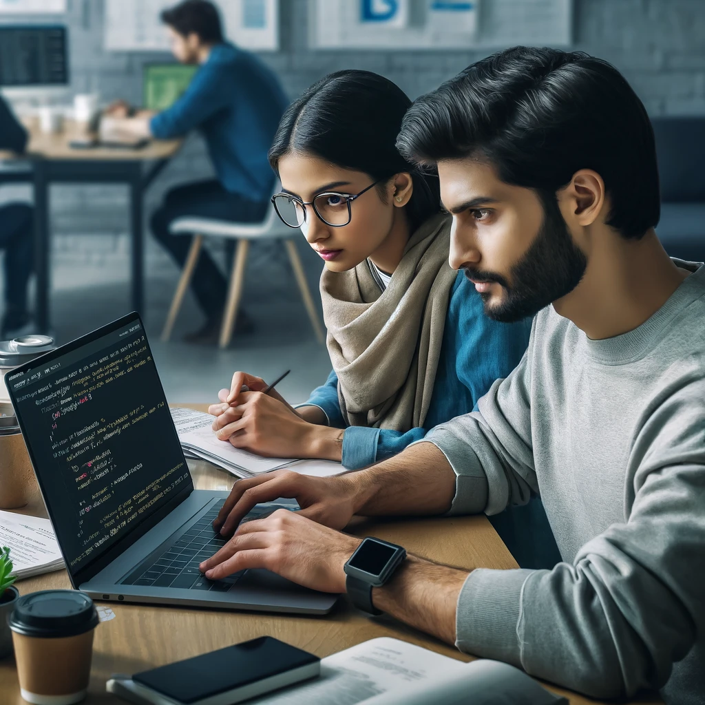 DALL·E 2024-04-19 16.15.13 – Ultra-realistic stock photo of two Pakistani individuals, a man and a woman, learning Python programming on a laptop. They are sitting at a shared des