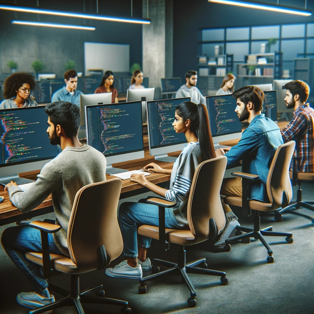 DALL·E 2024-04-19 16.16.35 – Ultra-realistic stock photo of a group of ethnically Desi students working in a computer lab. The image captures four students (two men and two women)