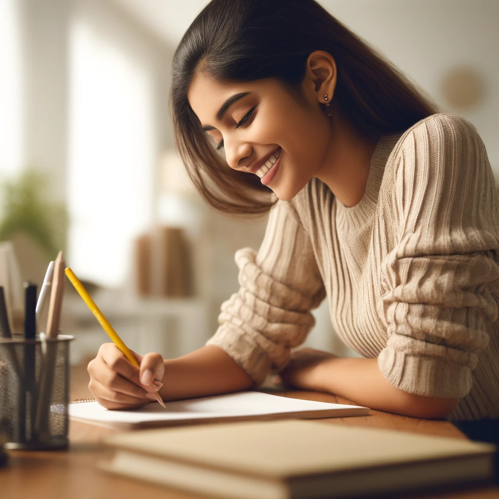 DALL·E 2024-04-19 16.17.57 – Ultra-realistic stock photo of a young Desi girl happily writing in a notebook at a desk, captured from a side angle. She is using a yellow pencil and