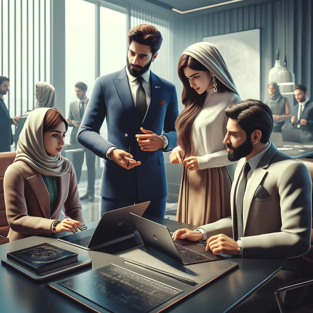 DALL·E 2024-04-19 15.46.49 – A highly detailed, ultra-realistic stock photo of a diverse group of Pakistani professionals in a modern workplace setting. The scene includes four in