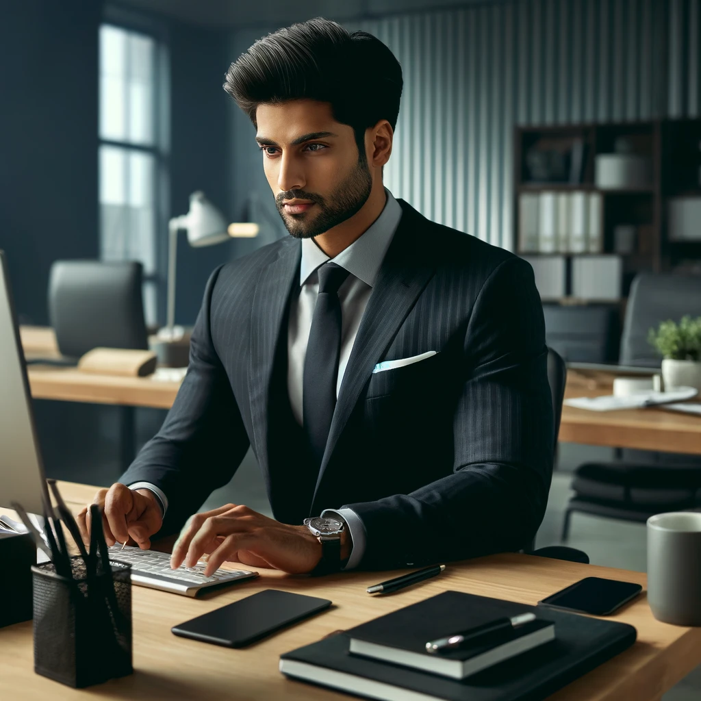 DALL·E 2024-04-19 15.57.59 – Ultra-realistic stock photo of a man of Desi ethnicity working at a desk in a modern office. The man is focused on his computer, surrounded by office