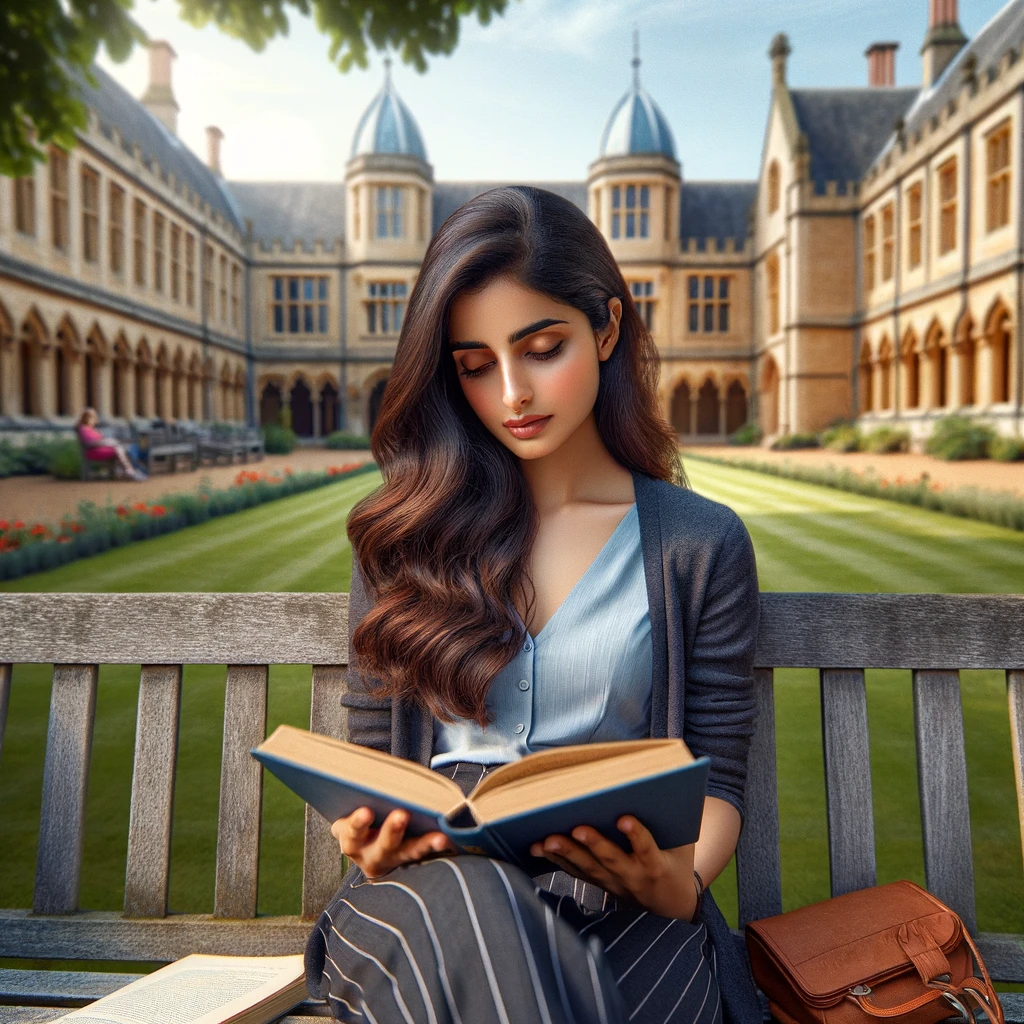 DALL·E 2024-04-19 16.01.03 – Ultra-realistic stock photo of a young Desi woman reading a book in a university setting. She is sitting on a bench in a campus garden, surrounded by