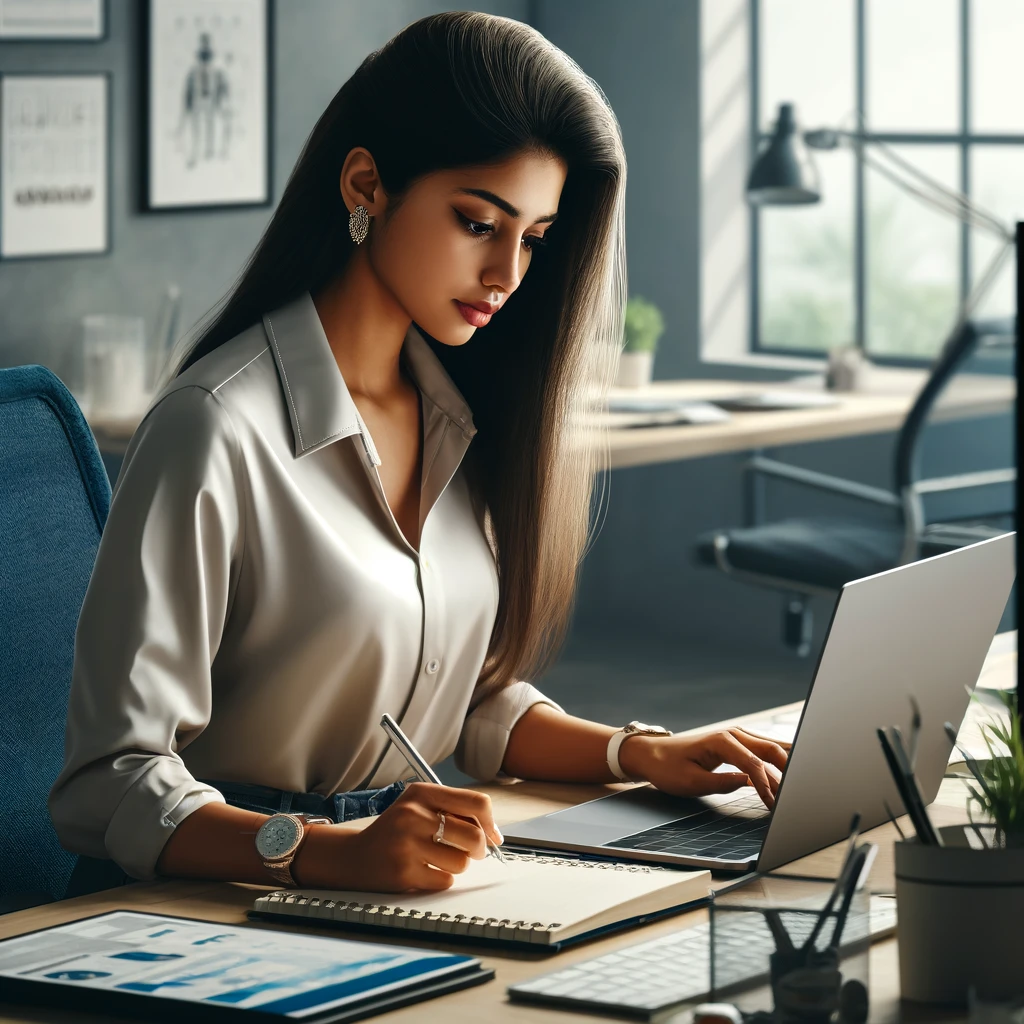 DALL·E 2024-04-19 16.02.31 – Ultra-realistic stock photo of a young Desi woman working at a desk, using a laptop while writing notes in a notebook. The setting is a well-organized