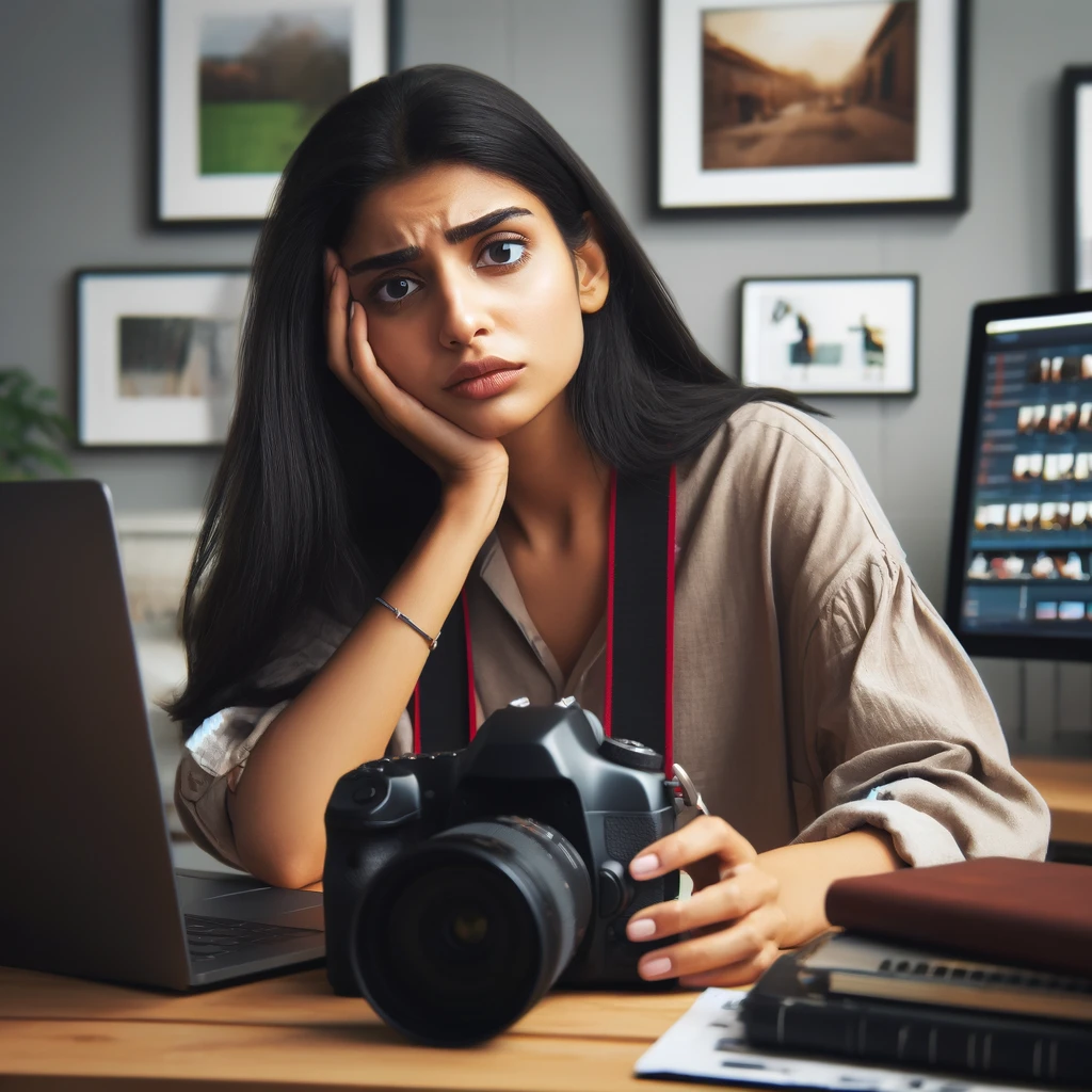 DALL·E 2024-04-19 16.04.46 – Ultra-realistic stock photo of a young Desi woman looking stressed while learning photography at a desk. The setting shows her with a digital camera a