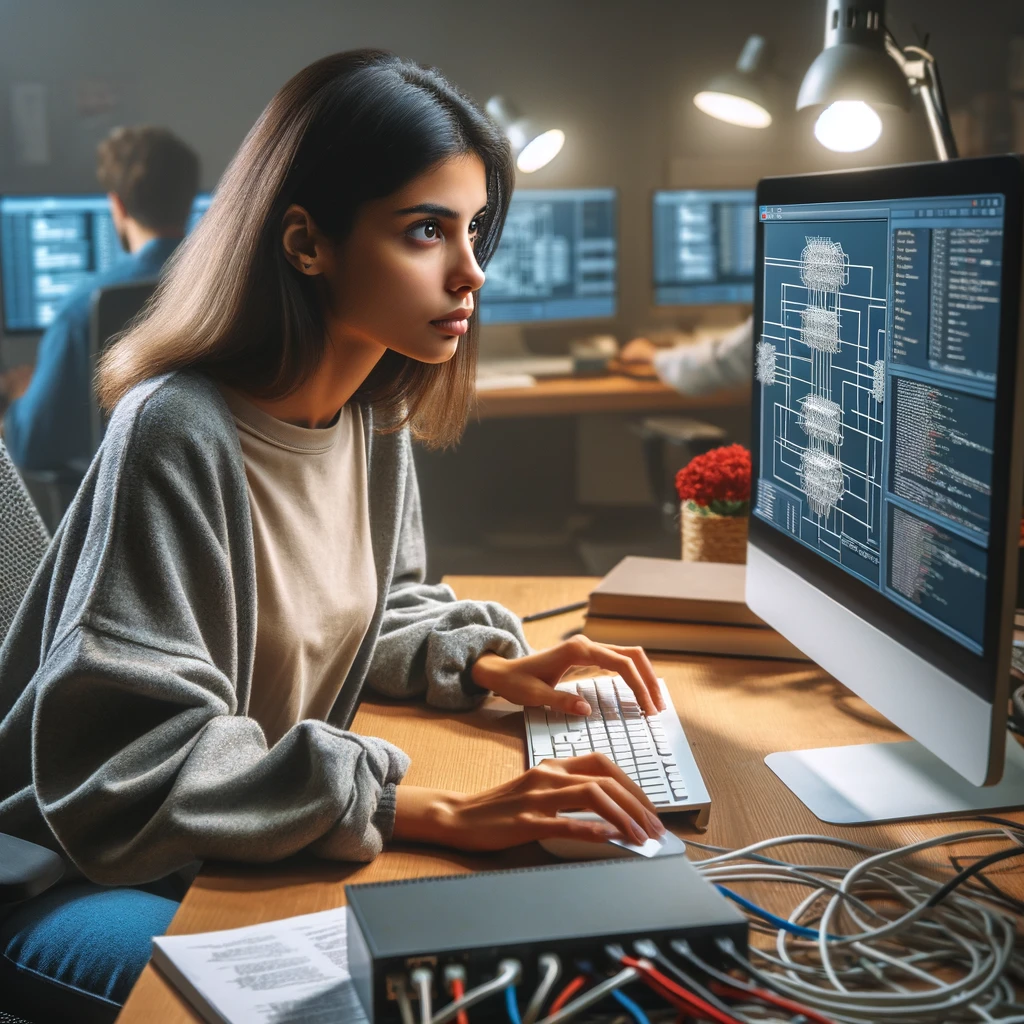 DALL·E 2024-04-19 16.14.38 – Ultra-realistic stock photo of a young Desi woman studying computer networks on a PC in a well-equipped tech environment. She is intently focused on t