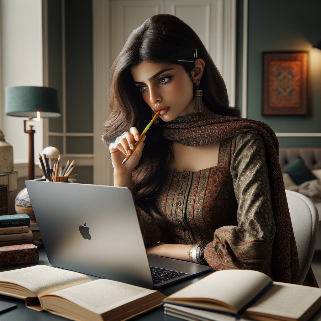 DALL·E 2024-04-19 17.35.51 – Ultra-realistic stock photo of an ethnically Pakistani girl, dressed in a modern Desi fusion outfit, with a pencil in her mouth, looking intently at t