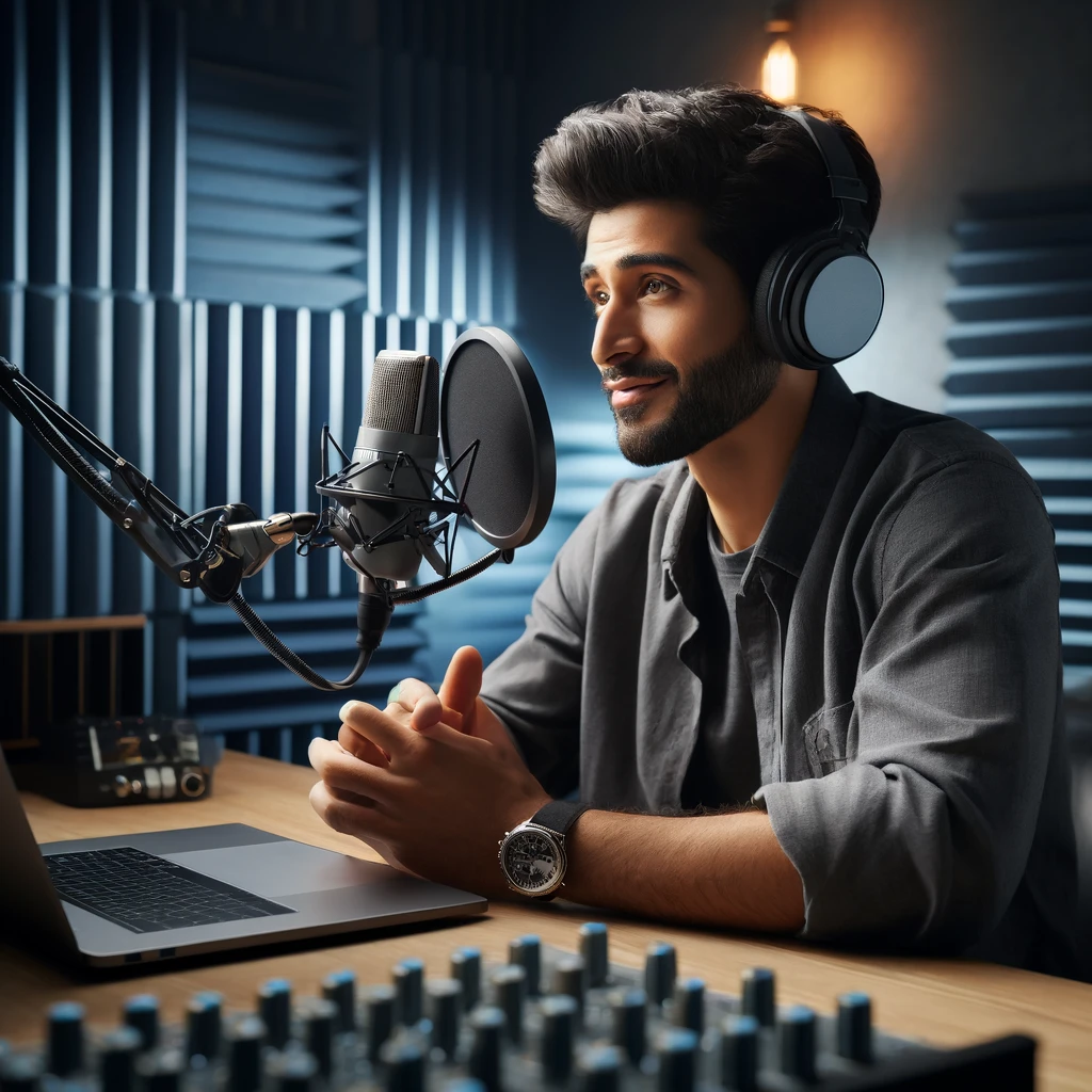 DALL·E 2024-04-19 17.40.41 – Ultra-realistic stock photo of an ethnically Pakistani man recording a podcast. He is seated in a modern, well-equipped studio with soundproofing on t